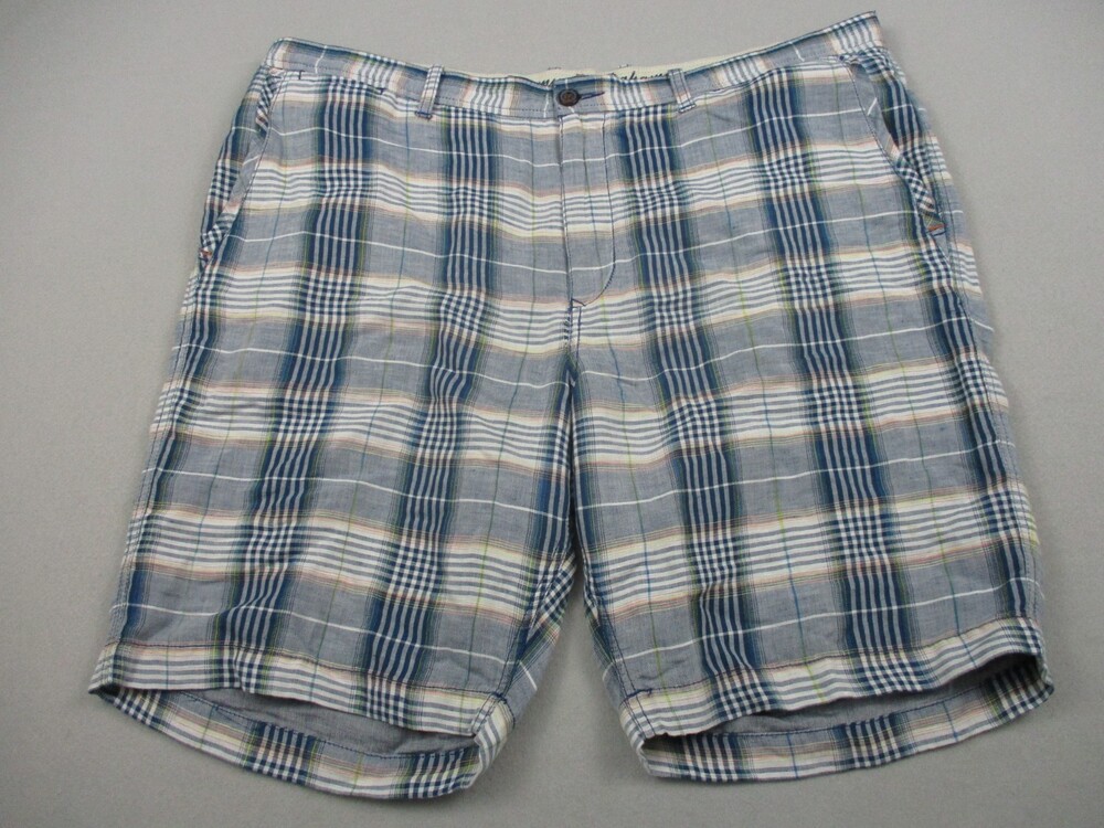 Tommy Bahama Shorts Men 42 Blue Plaid Windowpane Flat Front Chino Linen Blend